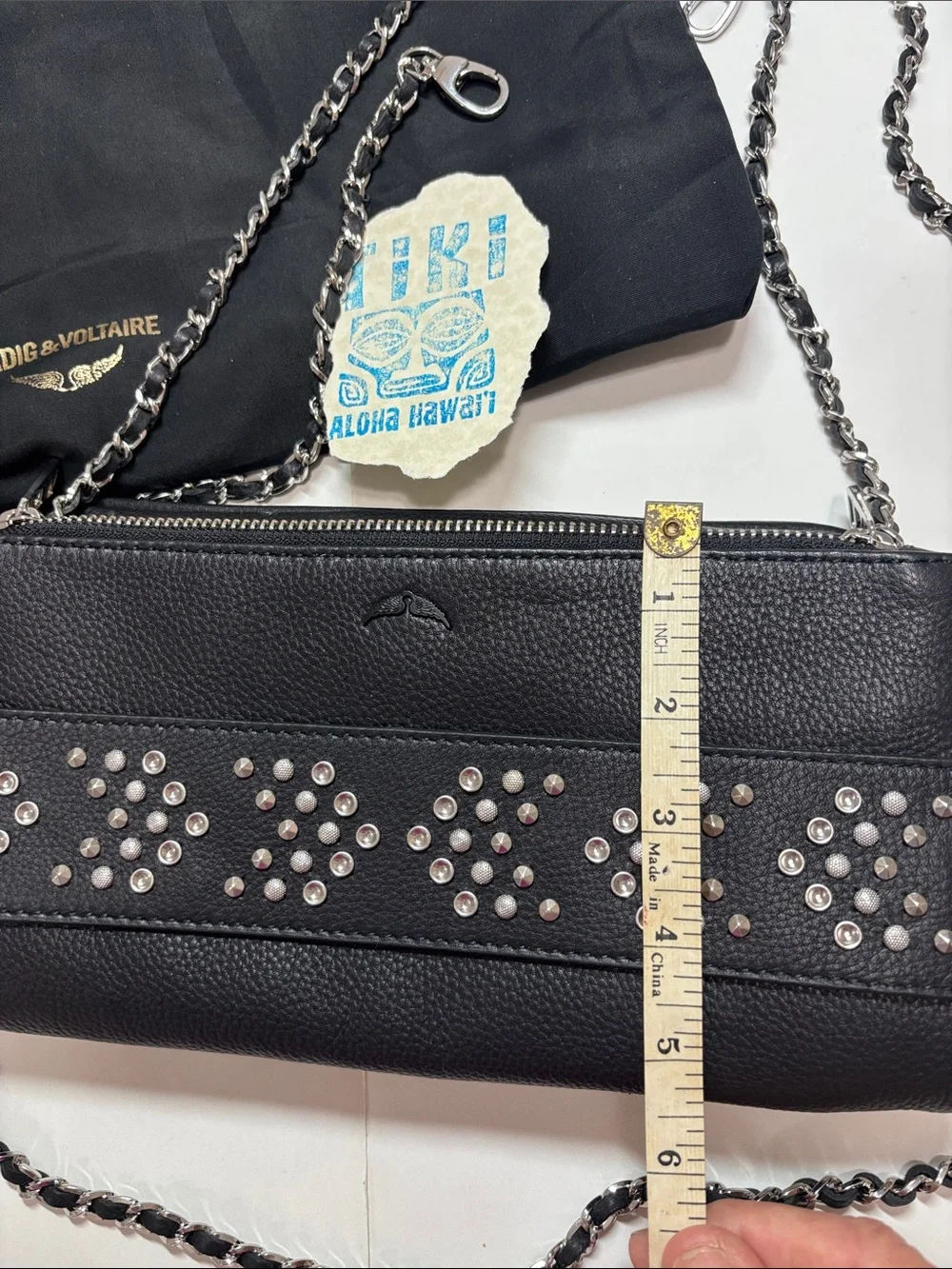 Zadig & Voltaire Black Leather Studded Chain Convertible Purse Clutch